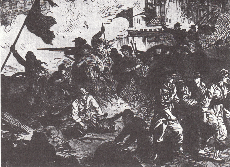 Frauen verteidigen die Barrikade auf der Place blanche